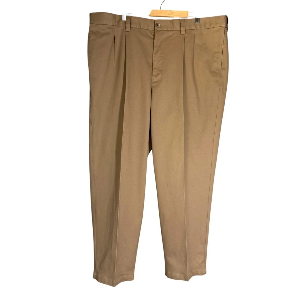 Oak Hall Men's Dress Pants 46x30 Pleated Front Classic Fit Khaki Cotton Stretch